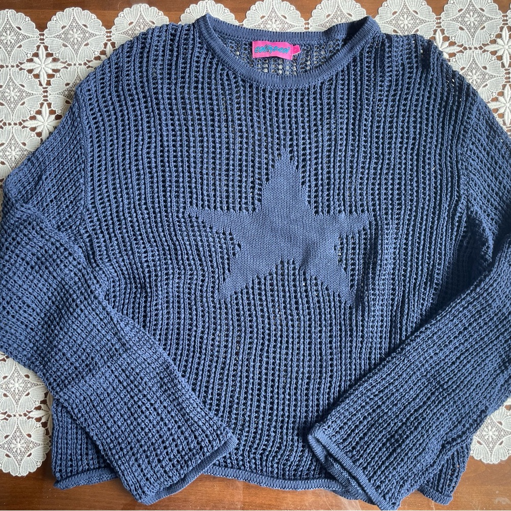 Edikted Navy Star Crew Neck Sweater